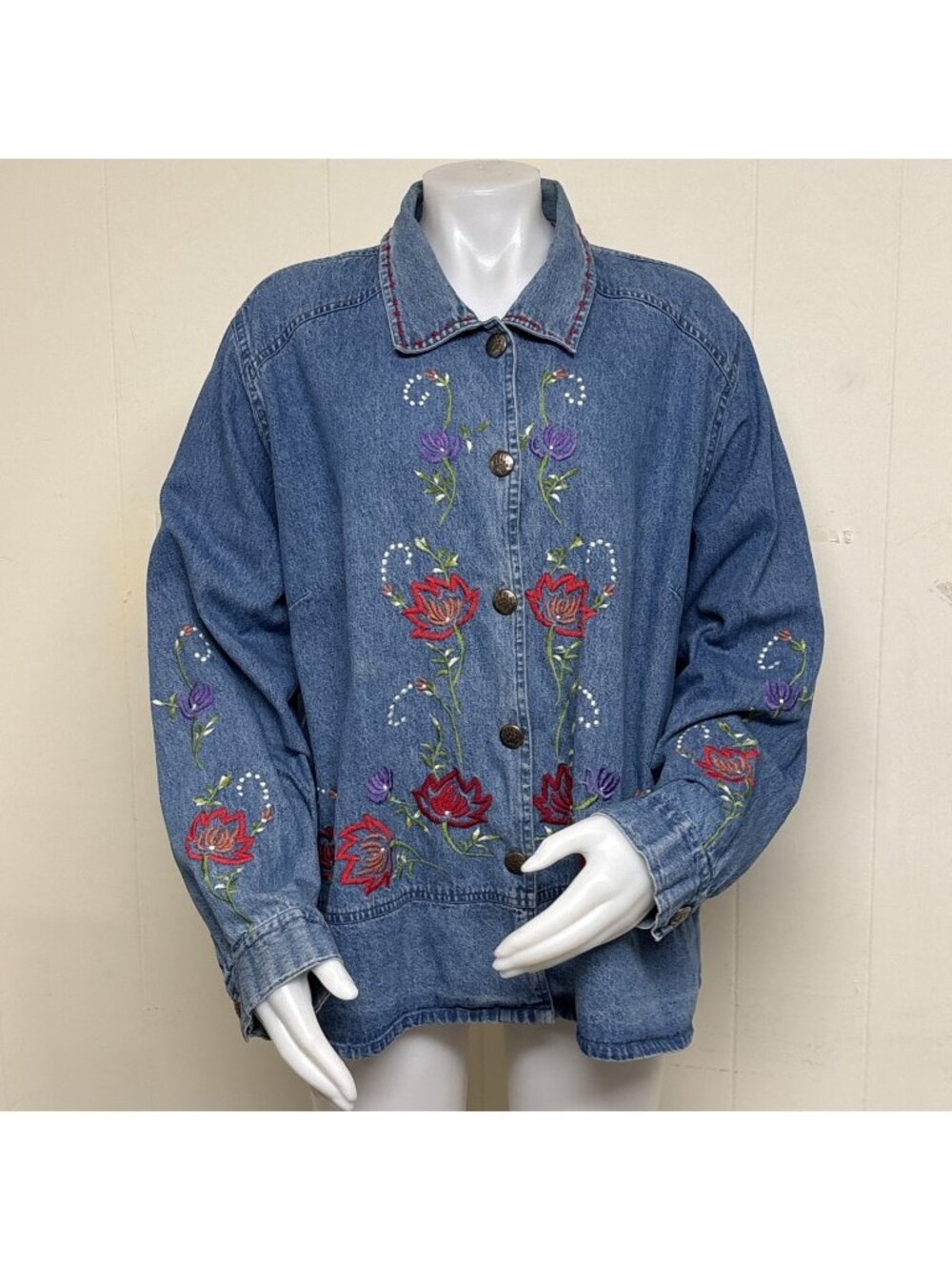 Junonia Jacket Womens 2X Blue Floral Embroidered Bear Claw Button Boho Chic